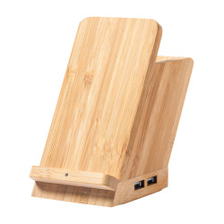 Multifunkciós bambusz tolltartó mobiltelefon-tartóval, vezeték nélküli töltővel (5W) és 4 USB porttal (USB 2.0.).