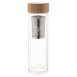 420 ml-es duplafalú üveg termosz teaszűrővel és bambusz fedéllel.