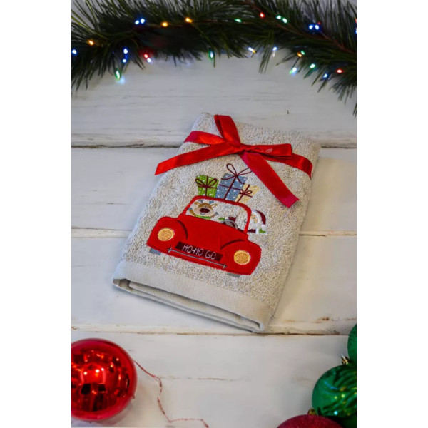 Karácsonyi mintás törölköző 45x70cm , CHRISTMAS SHOPPING, bézs