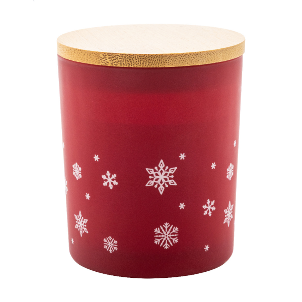 Gyertya hópehely díszítéssel és bambusz fedéllel 3 féle ilattal