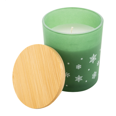 Gyertya hópehely díszítéssel és bambusz fedéllel 3 féle ilattal