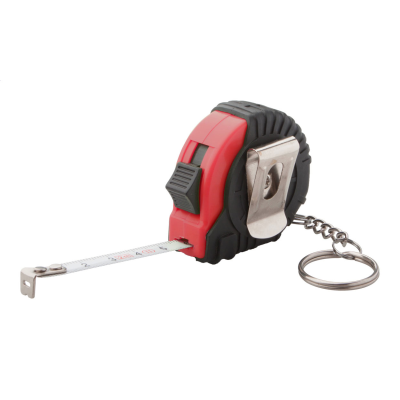 Műanyag mérőszalag fékező funkcióval, fém klipsszel és kulcskarikával, 2 m.  Emblémázás.