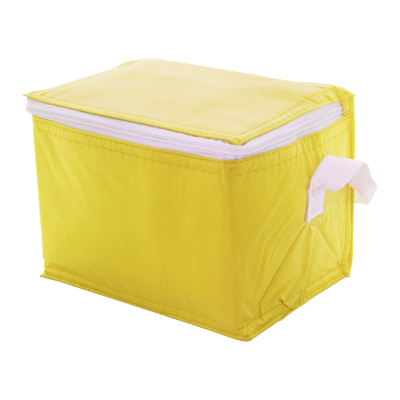 Cipzáras hűtőtáska alumínium béléssel 6 db 0,33l-es italdoboz részére. Anyaga: PVC.