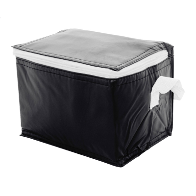 Cipzáras hűtőtáska alumínium béléssel 6 db 0,33l-es italdoboz részére. Anyaga: PVC.