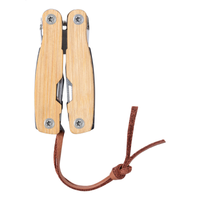 Rozsdamentes acél zsebkés bambusz nyéllel, 12 funkcióval és PU bőr pánttal.