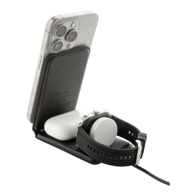 Luxus, összecsukható mobiltelefon-tartó és vezeték nélküli töltő szett újrahasznosított PU bőrből.