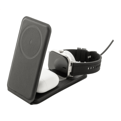 Luxus, összecsukható mobiltelefon-tartó és vezeték nélküli töltő szett újrahasznosított PU bőrből.