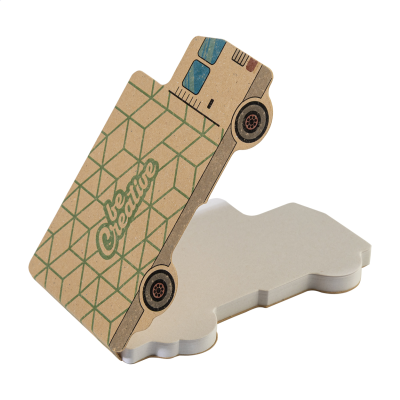 Egyedi gyártású, teherautó alakú öntapadós jegyzettömb újrahasznosított kraft papír borítással.