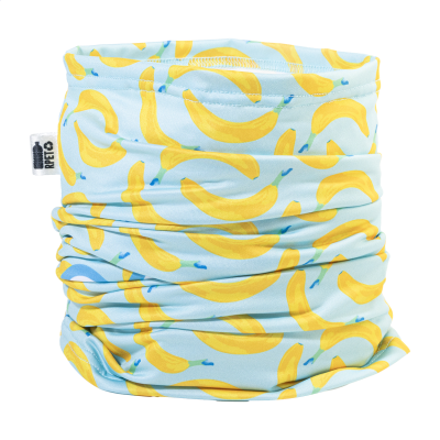 Egyedi gyártású, multifunkciós RPET sál, teljes felületén szublimációs nyomtatott grafikával.