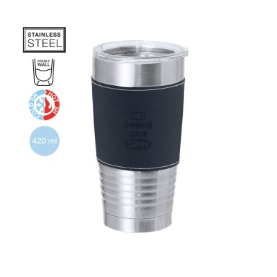 420 ml-es duplafalú termoszpohár elegáns PU borítással, átlátszó ivófedéllel és rozsdamentes acél részletekkel.