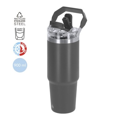 Nagyméretű, 900 ml-es duplafalú termoszpohár praktikus ivófedéllel és hordozófogantyúval, többféle színben.