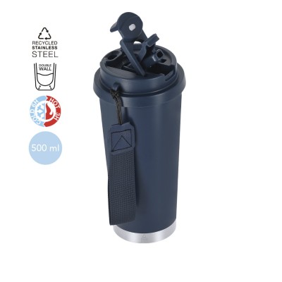 Nagyméretű, 900 ml-es duplafalú termoszpohár zárható ivófedéllel és praktikus hordozópánttal, többféle színben.