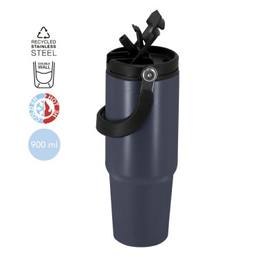 Nagyméretű, 900 ml-es duplafalú termoszpohár zárható ivófedéllel és felhajtható hordozófogantyúval, többféle színben.