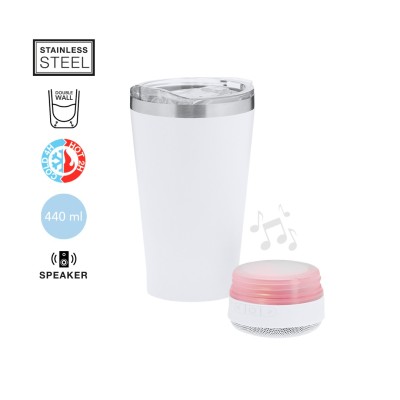 440 ml-es termoszpohár beépített Bluetooth hangszóróval, átlátszó fedéllel és világító LED funkcióval.